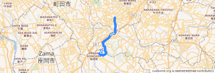 Mapa del recorrido 65系統(若葉台中央→地区公園→青葉台駅) de la línea  en 横浜市.