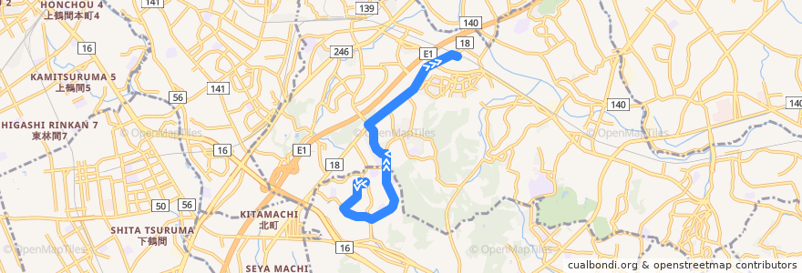 Mapa del recorrido 65系統(若葉台中央→地区公園→十日市場駅) de la línea  en 横浜市.