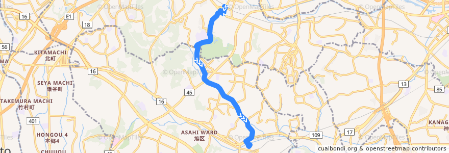 Mapa del recorrido 旭15: 中山駅→ 西ひかりが丘 → 鶴ヶ峰駅 de la línea  en 横浜市.