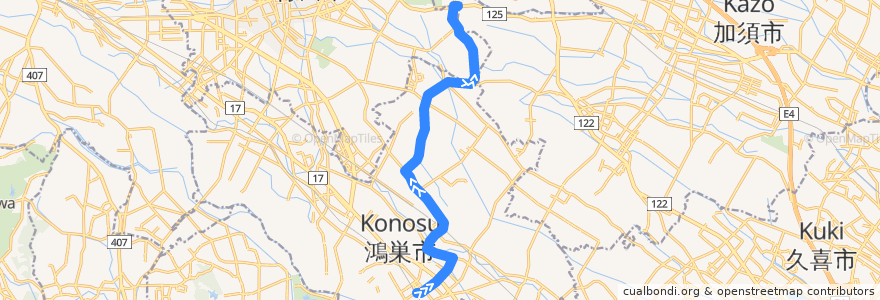 Mapa del recorrido 朝日バスKN22系統 鴻巣駅東口⇒免許センター・新落合橋⇒真名板十字路 de la línea  en Saitama Prefecture.