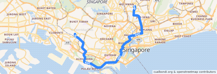 Mapa del recorrido Svc 100 (Serangoon Interchange => Ghim Moh Terminal) de la línea  en سنگاپور.