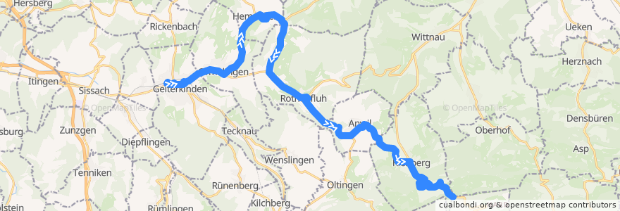 Mapa del recorrido Bus 102: Gelterkinden, Bahnhof => Hemmiken, Dorf => Salhöhe de la línea  en Suisse.