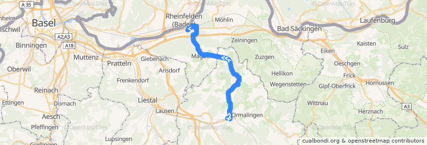 Mapa del recorrido Bus 100: Gelterkinden, Bahnhof => Rheinfelden, Bahnhof de la línea  en Schweiz/Suisse/Svizzera/Svizra.