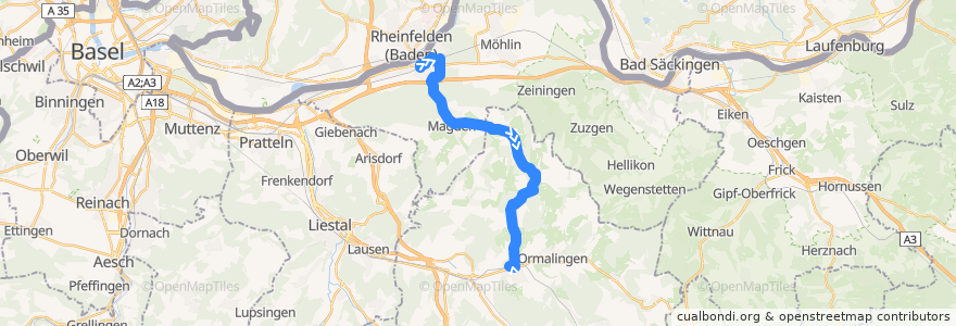 Mapa del recorrido Bus 100: Rheinfelden, Bahnhof => Gelterkinden, Bahnhof de la línea  en Швейцария.