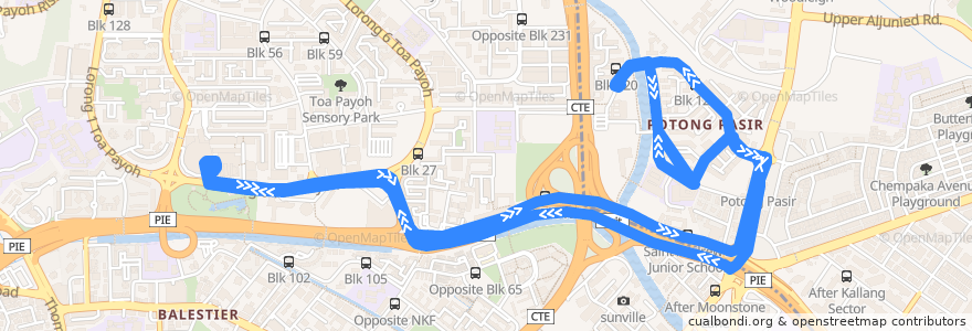 Mapa del recorrido Svc 142 (Toa Payoh Interchange => Toa Payoh Interchange) de la línea  en シンガポール.