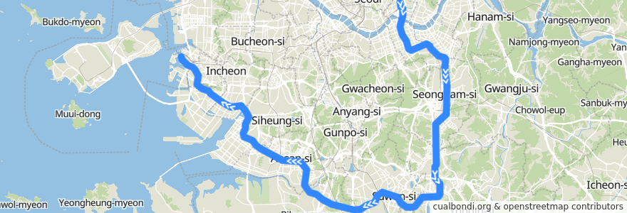 Mapa del recorrido 수도권 전철 수인분당선: 왕십리 → 인천 de la línea  en 대한민국.