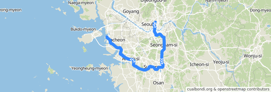 Mapa del recorrido 수도권 전철 수인분당선: 청량리 → 인천 de la línea  en 대한민국.
