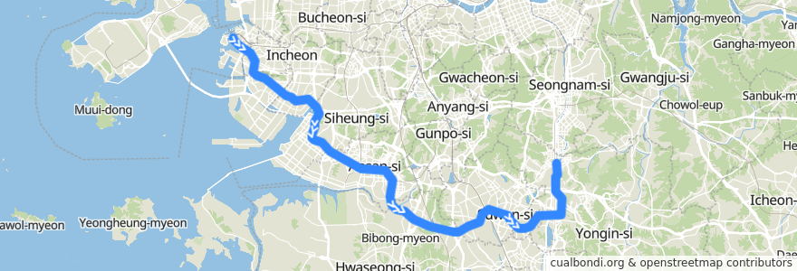 Mapa del recorrido 수도권 전철 수인분당선: 인천 → 죽전 de la línea  en 대한민국.