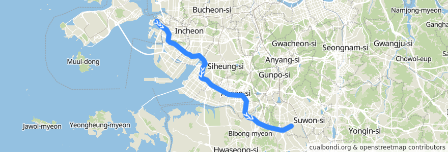 Mapa del recorrido 수도권 전철 수인분당선: 인천 → 고색 de la línea  en 韩国 / 南韓.