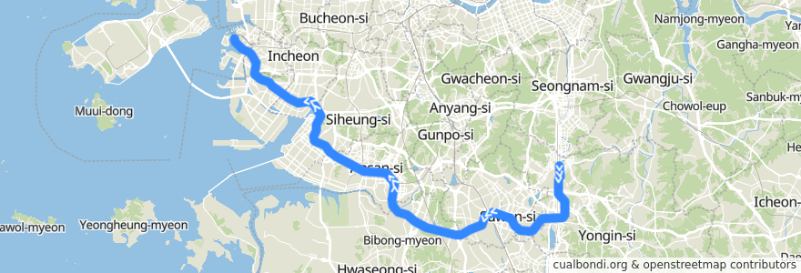 Mapa del recorrido 수도권 전철 수인분당선: 죽전 → 인천 de la línea  en كوريا الجنوبية.