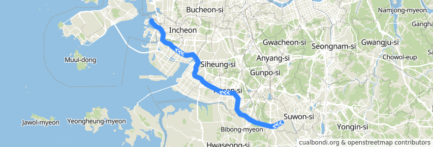 Mapa del recorrido 수도권 전철 수인분당선: 고색 → 인천 de la línea  en 韩国 / 南韓.