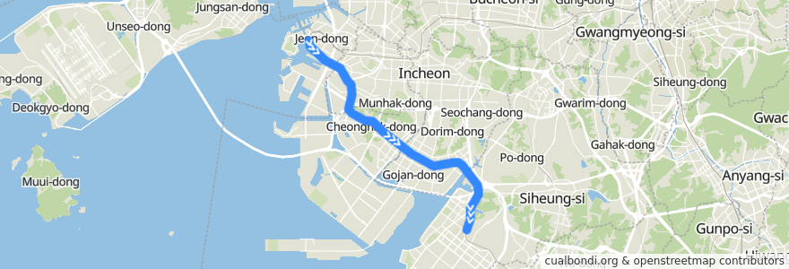 Mapa del recorrido 수도권 전철 수인분당선 급행: 인천 → 오이도 de la línea  en 대한민국.