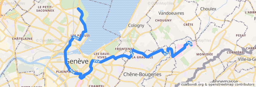 Mapa del recorrido Bus 1: Hôpital Trois-Chêne → Jardin Botanique de la línea  en Genebra.