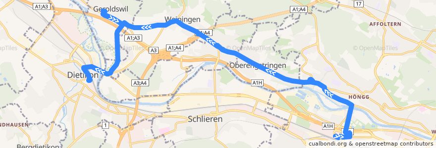 Mapa del recorrido Bus 304: Zürich, Bahnhof Altstetten Nord → Dietikon, Bahnhof de la línea  en Zurich.