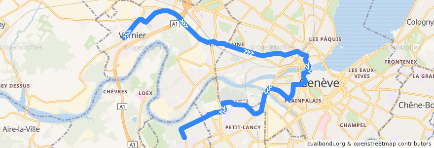 Mapa del recorrido Trolleybus 19: Vernier-Village → Onex-Cité de la línea  en Genebra.