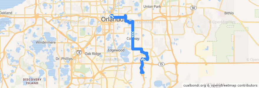 Mapa del recorrido 51 Conway Road/Orlando International Airport (outbound) de la línea  en オレンジ郡 (フロリダ州).
