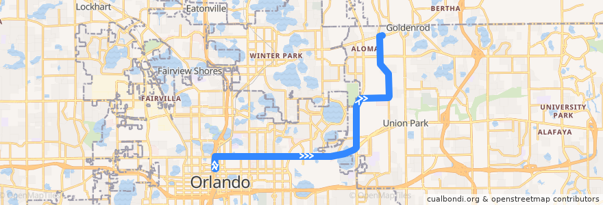 Mapa del recorrido 29 East Colonial Drive/Goldenrod Road (outbound) de la línea  en Condado de Orange.