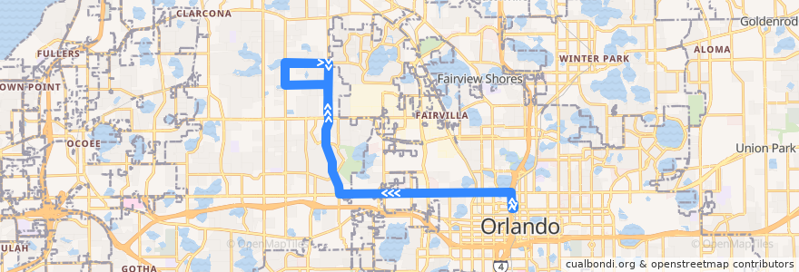 Mapa del recorrido 49 West Colonial Drive/Pine Hills Road (outbound) de la línea  en Condado de Orange.