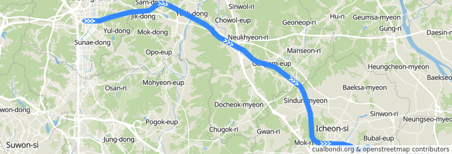 Mapa del recorrido 수도권 전철 경강선: 판교 → 부발 de la línea  en گیونگی-دو.