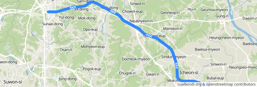 Mapa del recorrido 수도권 전철 경강선: 부발 → 판교 de la línea  en گیونگی-دو.