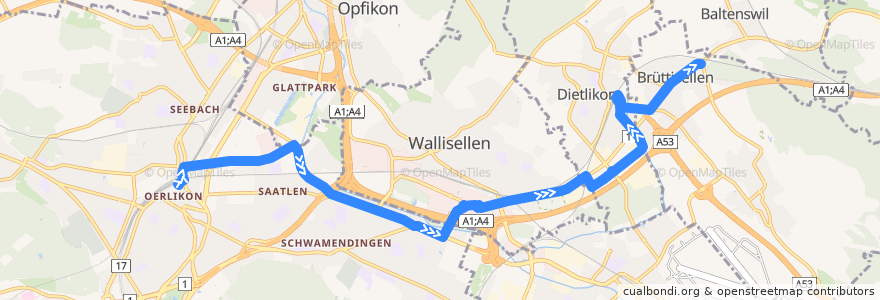 Mapa del recorrido Bus 787: Zürich, Bahnhof Oerlikon -> Brüttisellen, Obere Wangenstrasse de la línea  en Zürich.