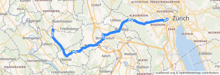 Mapa del recorrido Bus 350: Zürich, Bahnhof Wiedikon => Berikon-Widen, Bahnhof de la línea  en Schweiz/Suisse/Svizzera/Svizra.