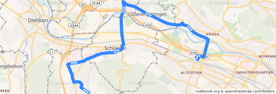 Mapa del recorrido Bus 308: Urdorf, Weihermatt Bahnhof → Zürich, Bahnhof Altstetten Nord de la línea  en Zürich.