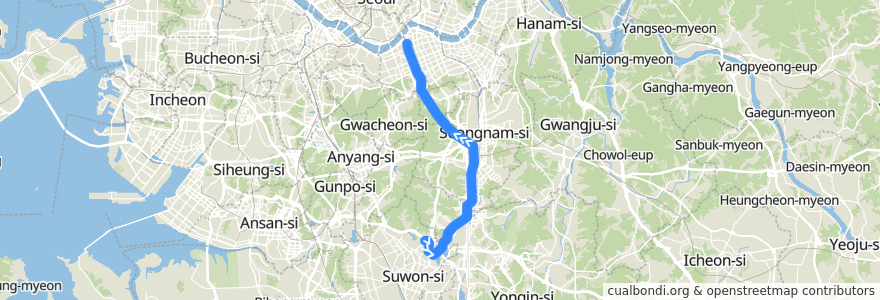 Mapa del recorrido 수도권 전철 신분당선: 광교 → 신사 de la línea  en 대한민국.