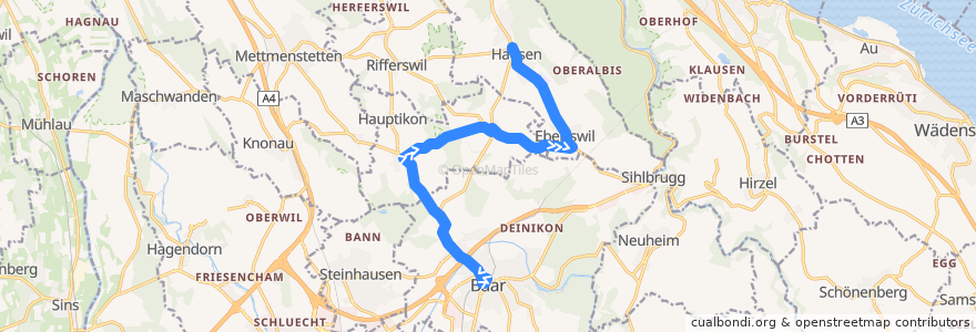 Mapa del recorrido Bus 280: Baar, Bahnhof => Hausen am Albis, Post de la línea  en Suíça.