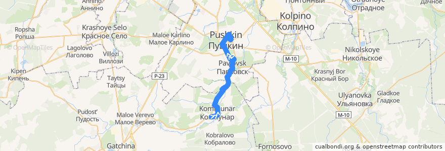 Mapa del recorrido Автобус № 545: Коммунар => Пушкин, Железнодорожная улица de la línea  en Ленинградская область.