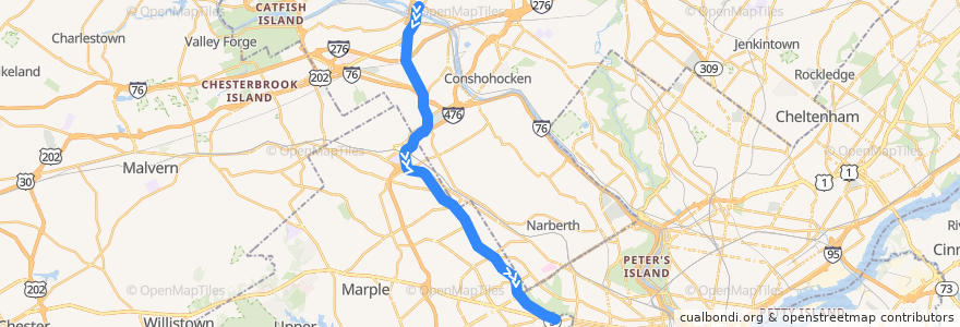 Mapa del recorrido SEPTA Norristown High Speed Line: Norristown => 69th Street de la línea  en Pensilvânia.