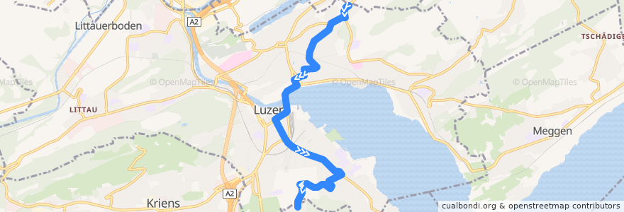 Mapa del recorrido Bus 7: Luzern, Unterlöchli => Luzern, Biregghof de la línea  en Lucerna.