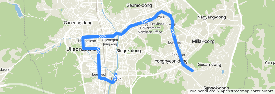Mapa del recorrido 의정부경전철: 발곡 → 차량기지임시승강장 de la línea  en 의정부시.