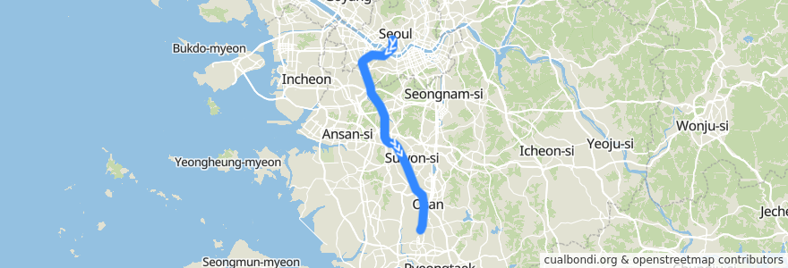 Mapa del recorrido 경부선 무궁화호 (필수정차): 서울 → 부산 de la línea  en 대한민국.