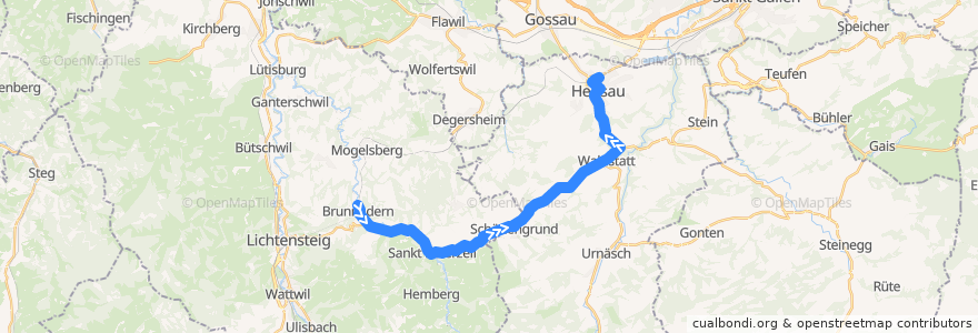 Mapa del recorrido Bus 182: Brunnadern-Neckertal, Bahnhof => Herisau, Bahnhof de la línea  en Санкт-Галлен.