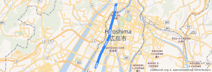 Mapa del recorrido 広島電鉄8号線 de la línea  en 広島市.
