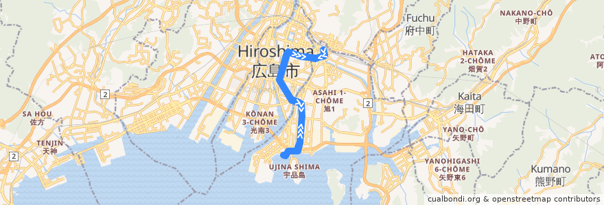 Mapa del recorrido 広島電鉄1号線 de la línea  en 広島市.