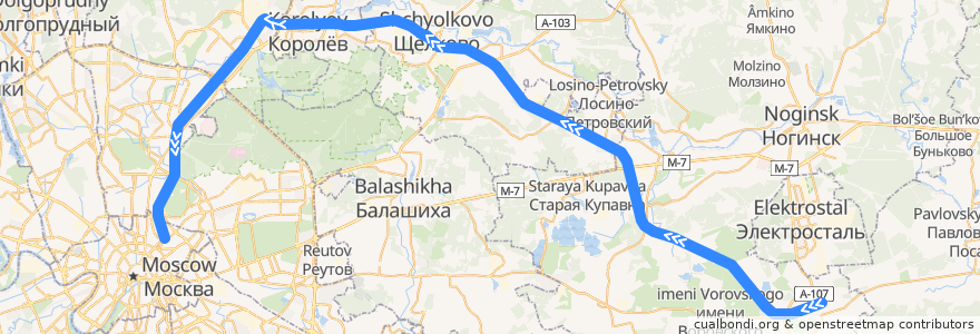 Mapa del recorrido Фрязево — Москва de la línea  en Oblast de Moscou.