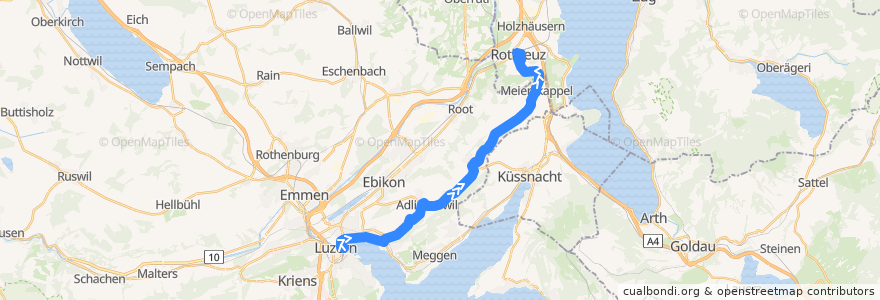 Mapa del recorrido Bus 73: Luzern, Bahnhof => Rotkreuz, Bahnhof Süd de la línea  en Lucerne.