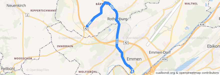 Mapa del recorrido Bus 46: Emmenbrücke, Bahnhof Süd => Rothenburg, Wahligen (via Emmenbaum) de la línea  en Luzern.