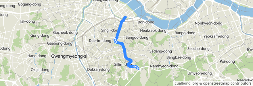 Mapa del recorrido 서울 경전철 신림선: 관악산 → 샛강 de la línea  en Séoul.