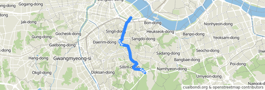 Mapa del recorrido 서울 경전철 신림선 샛강 → 관악산 de la línea  en 서울특별시.