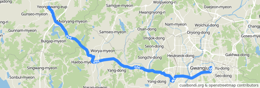 Mapa del recorrido 광주 → 영광 시외버스 de la línea  en Jeolla do Sul.
