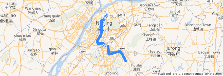 Mapa del recorrido 南京地铁1号线: 迈皋桥 => 中国药科大学 de la línea  en 南京市.
