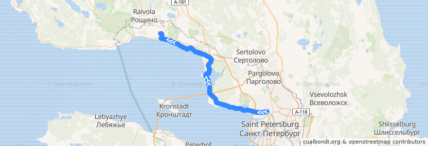 Mapa del recorrido Автобус № 211: станция метро «Чёрная речка» => Зеленогорск, вокзал de la línea  en Санкт-Петербург.