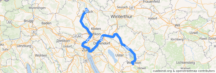 Mapa del recorrido S3: Bülach –> Wetzikon ZH de la línea  en 蘇黎世州.