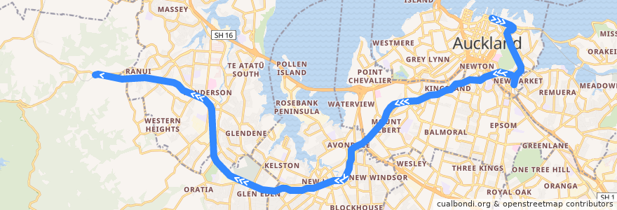 Mapa del recorrido Western Line: Britomart => Swanson de la línea  en Auckland.