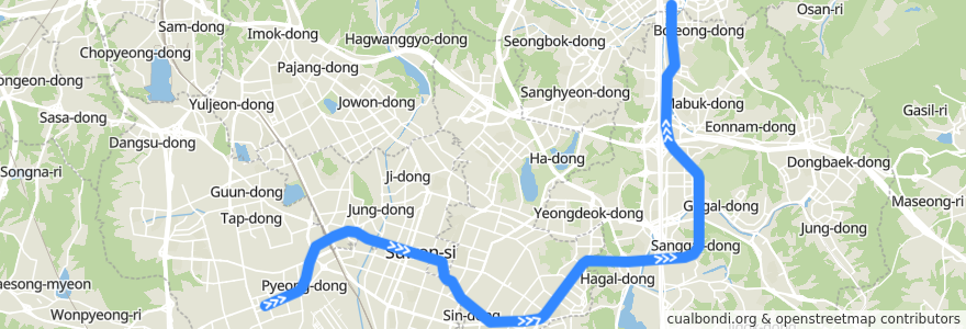 Mapa del recorrido 수도권 전철 수인분당선: 고색 → 죽전 de la línea  en 京畿道.