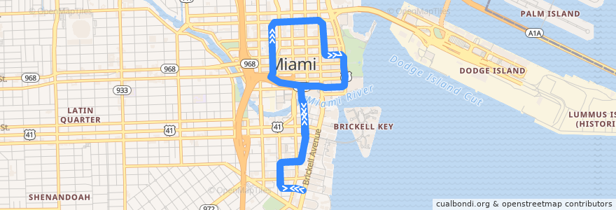 Mapa del recorrido MDT Brickell Loop de la línea  en ميامي.