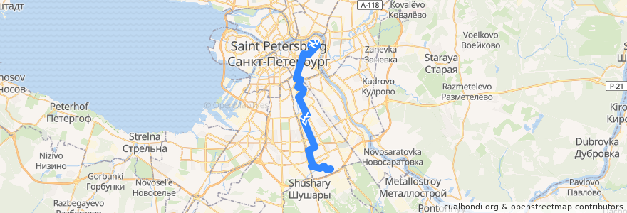 Mapa del recorrido Автобус № 74: площадь Пролетарской Диктатуры => Малая Балканская улица de la línea  en Санкт-Петербург.